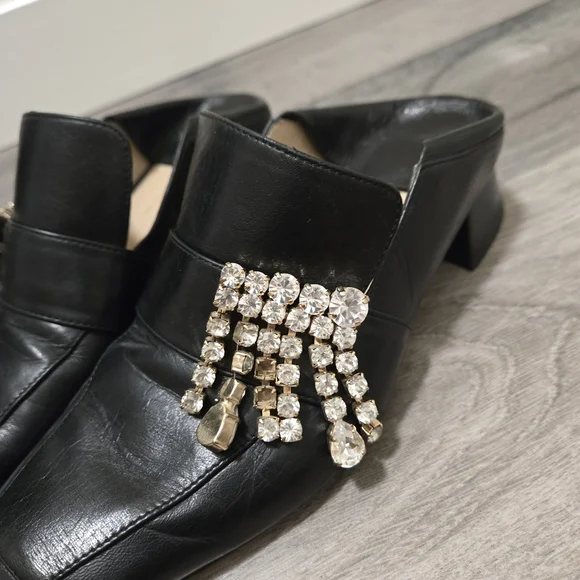 Stuart Weitzman Black Leather Crystal Embellished Mule Heels Slip-On Loafers 5.5 - Picture 5 of 15